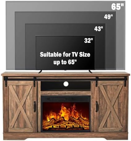AMERLIFE Farmhouse 5 Piece Living Room Table Set, 59" TV Stand, Barnwood | TV Console for Living Room with 23" Electric Fireplace, 40" Coffee Table and 2 End Tables with Charging Station and USB Ports