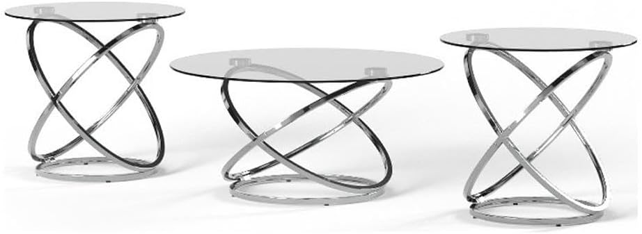 BOWERY HILL Modern 3-Piece Coffee Table Set, Glass Top with Chrome Metal Rings, Includes 1 Coffee Table and 2 End Tables, Adjustable Levelers, Tempered Glass, Contemporary Living Room Furniture