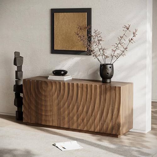 4-Door Sideboard Buffet Cabinet, 59'' Wood Kitchen Storage Cabinet Sideboard with Water Ripple Doors & Suspended Base, 2 Tiers Mid Century Modern TV Stand for Living Dining Room, Walnut