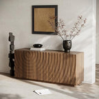 4-Door Sideboard Buffet Cabinet, 59'' Wood Kitchen Storage Cabinet Sideboard with Water Ripple Doors & Suspended Base, 2 Tiers Mid Century Modern TV Stand for Living Dining Room, Walnut