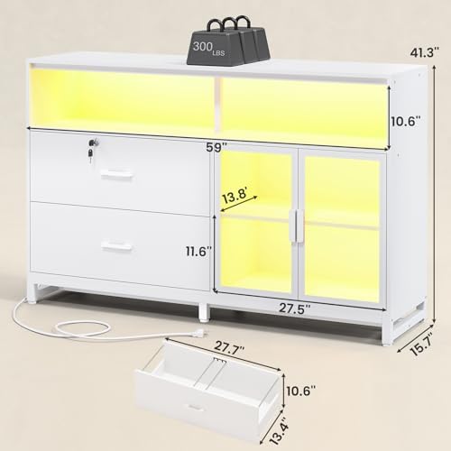 SEDETA 59" Filing Cabinet with Lock Drawers fits Legal Size for Home Office | White Lateral 2 Drawers File Cabinet with Acrylic Display Cabinet, Power Strip, Printer Stand with Storage Shelves for Office