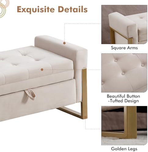 67" Storage Bench for Bedroom, End of Bed Bench King Size, Beige | Double Lids Storage Ottoman Bench with Golden Legs, Upholstered Velvet Bench for Foot of Bed Window Living Room Entryway