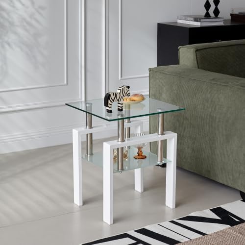 Glass End Table Tea Table with Shelf Side Table with Metal Legs Modern Small Tables for Livingroom (White)