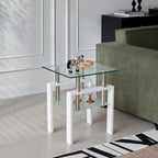Glass End Table Tea Table with Shelf Side Table with Metal Legs Modern Small Tables for Living Room (White)