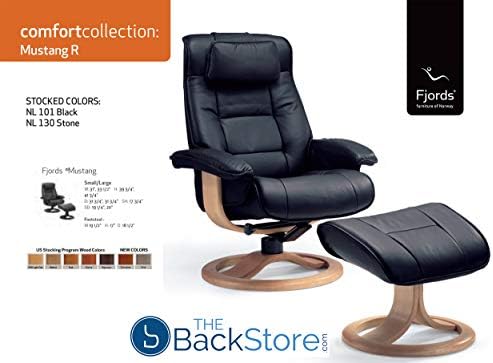 Fjords Mustang Large Leather Recliner Chair and Ottoman Norwegian Ergonomic Furniture Nordic Line Genuine Black Leather Cherry Wood