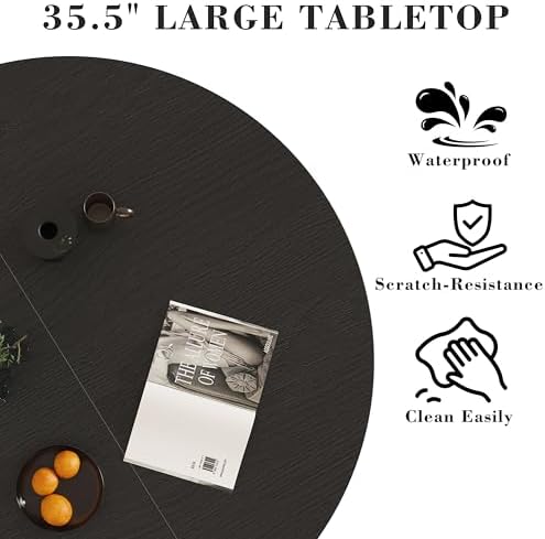35.5'' Round Pedestal Dining Table, 2-4 Modern Fluted Dining Room Kitchen Table with Storage Shelf, Wood Base Dinner Tables for Kitchen, Breakfast Nook, Small Space, Living Room(Black)