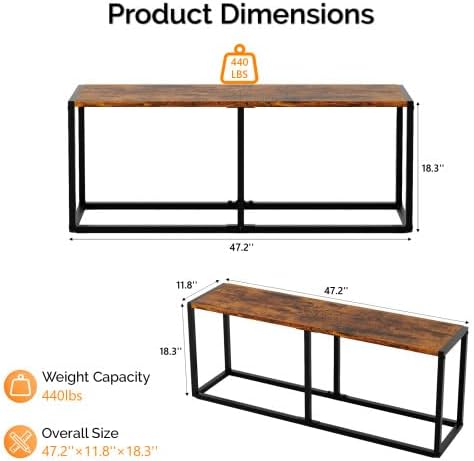 VINGLI Industrial Dining Bench for Dining Room, 47.2 Inch Rustic Brown Kitchen Table Bench Heavy-Duty Metal Frame, Dining Table Bench with Non-Slip Foot Pads for Entryway, Living Room & Small Spaces