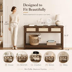 Luoxiao Console Table for Entryway with 3 Rattan Drawers Storage Open Shelf | Narrow Entry Table for Hallway, Foyer, Couch, Front Entrance, Anti-Tip, Easy to Assemble, 47 Inch, Walnut, Mid-Century Modern