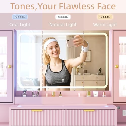 55" Vanity Desk with Mirror & Lights, Fluted Makeup Vanity with 8 Drawers & 4 Cabinets, Tempered Glass Top, RGB Cabinet Lighting, 3-Color Dimmable Mirror, and Charging Station