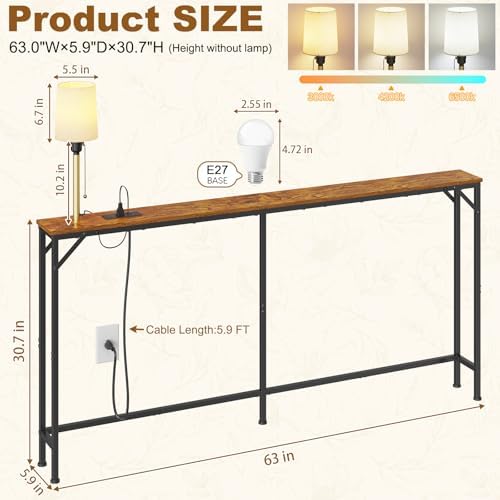 keomaisyto 63 Inch Narrow Console Table with 3-Color Adjustable Light and Charging Station, Sofa Table Behind Couch with 2 AC Outlets USB & Type-C Port, Extra Long Entryway Table, Rustic Brown