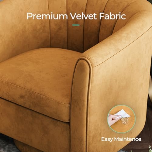 LINSY Large Swivel Accent Chair with Ottoman, Velvet Barrel Chair with Footrest, Modern Upholstered Comfy Reading Chair Armchair for Living Room, Bedroom, Study Room, Office, Yellow