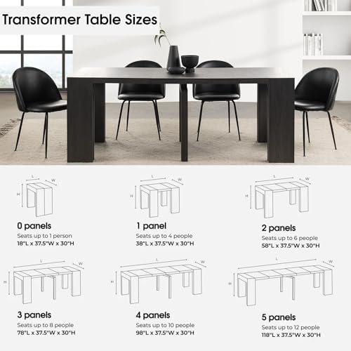 Transformer Table Solid Wood Extendable Dining Table, Black | Seats 2-12, Expandable Dining Room Table, Space-Saving Furniture, Kitchen and Dining Room Furniture, Table Only