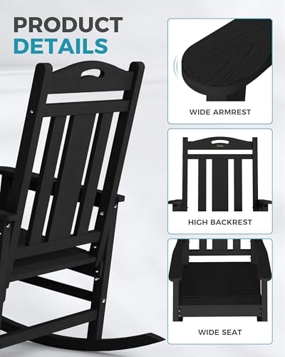 Ciokea Oversized Outdoor Rocking Chair, 380lbs Heavy-Duty Large Patio Rocker, Weather Resistant & Anti-Fade Porch Chair, High Back Cozy Rocking Chair for Outside, Fire Pit, Deck, Garden, Black