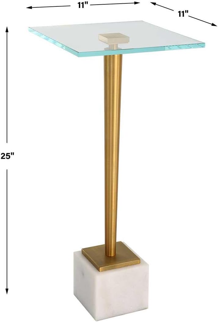 Miri Accent Table | Brass Plated and Tempered Glass Top with White Marble Base (11 in. W x 25 in. H)