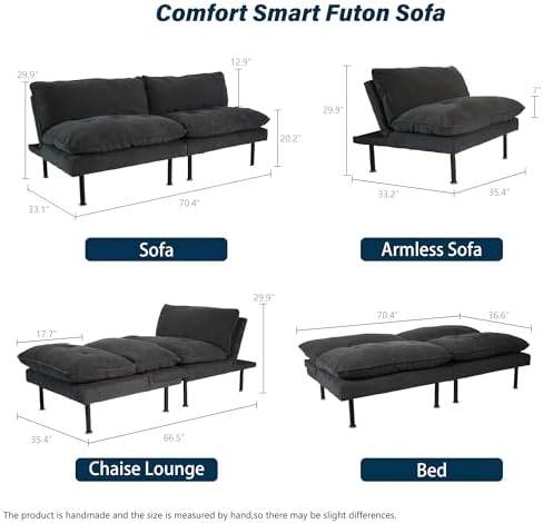 Ribilake 2 Sets 70" Futon Sofa Bed, 4 in 1 Multi-Function Couch Sleeper with Adjustable Backrest, Modern Convertible Futon, Recliner Small Loveseat for Living Room, Grey