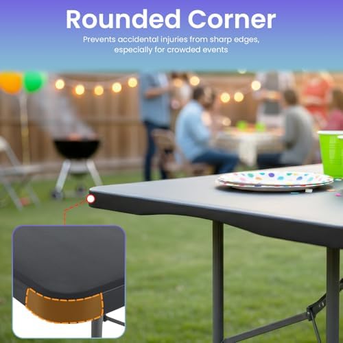 FDW | 6FT Folding Table | Black | Portable Plastic Table | with Carry Handle | Waterproof & Foldable Table Design | Steel Frame with Lock | for Events, Camping, Indoor & Outdoor Use