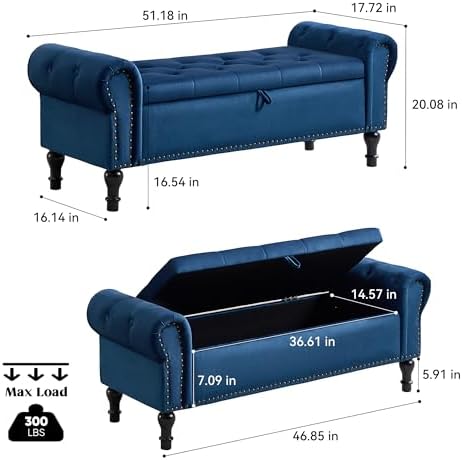Storage Bench for Bedroom, 51" Upholstered End of Bed Bench, Velvet Queen Size Benches with Rolled Arms, Tufted Button Storage Long Ottoman, Living Room, Entryway, Blue