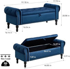 Storage Bench for Bedroom, 51" Upholstered End of Bed Bench, Velvet Queen Size Benches with Rolled Arms, Tufted Button Storage Long Ottoman, Living Room, Entryway, Blue