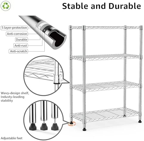 M MZG 1000 lbs Storage Shelving Steel Heavy Duty 4-Tier Utility Shelving Unit Steel Organizer Wire Rack for Home,Kitchen,Office,Chrome (13.7" D x 29.5" W x 47.2" H)