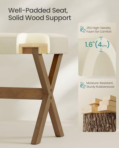 SONGMICS Makeup Stool, Padded Vanity Foot Rest, Solid Wood X Legs | 16.5 x 12.6 x 18.1 Inches, for Bedroom, Closet, Entryway, Summer Sand and Brown, MARY Collection ULSF006LF01
