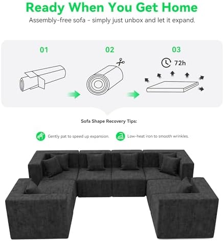 MONVANE Oversized Sectional Couch 08-Seat, Chenille, Black | Sectional Couch for Living Room, Modular Cloud Sofa with Ottoman & 8 Throw Pillows, No Assembly Required