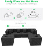 MONVANE Oversized Sectional Couch 08-Seat, Chenille, Black | Sectional Couch for Living Room, Modular Cloud Sofa with Ottoman & 8 Throw Pillows, No Assembly Required