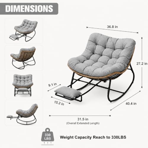 Oversized Rocking Chair with Zero-Gravity Foot Rest & Ottoman, Comfy Lounge Chair for Patio, Porch, Balcony, Indoor Reading Nook, Big Cozy Chaise Chair for Outdoor & Home Use, Grey