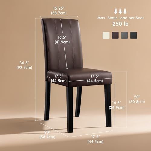 SyMax Dining Chairs Set of 4, Faux Leather Upholstered Dining Room Chairs, Modern Parsons Kitchen Chairs with Wood Legs, Brown (Only Chairs)