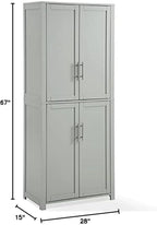 Pemberly Row Tall Wood Pantry Cabinet with Adjustable Shelves, MDF and Birch Veneer, Gray and Nickel Finish, Shaker-Style Doors, 67 in H x 28 in W x 15 in D, Kitchen, Bathroom, or Home Organization