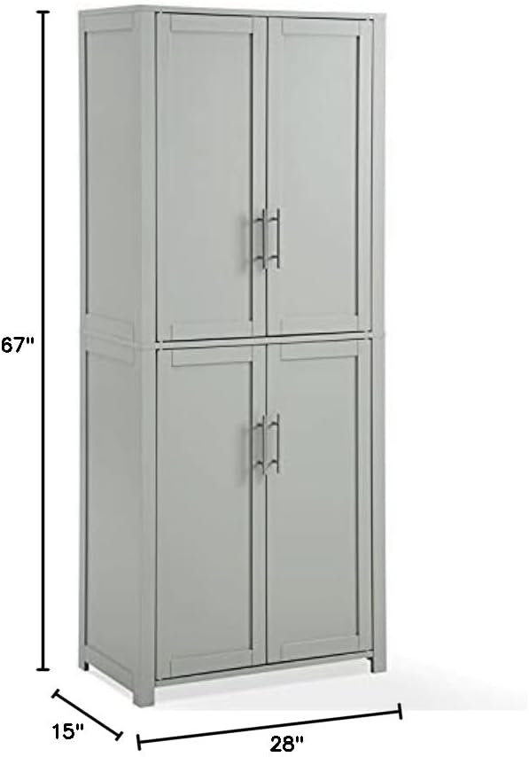 Pemberly Row Tall Wood Pantry Cabinet with Adjustable Shelves, MDF and Birch Veneer, Gray and Nickel Finish, Shaker-Style Doors, 67 in H x 28 in W x 15 in D, Kitchen, Bathroom, or Home Organization