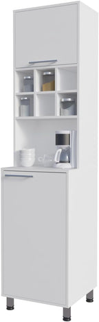 White Kitchen Pantry with Pneumatic Door and Open Storage | Pneumatic door for smooth opening and concealed storage space