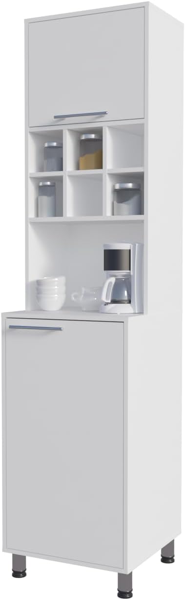 White Kitchen Pantry with Pneumatic Door and Open Storage | Pneumatic door for smooth opening and concealed storage space