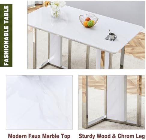 Dining Table Set for 6,63" Faux Marble Dining Room Table Set,High Glossy Dining Tabletop with Sturdy Chrome Leg,White Kitchen Table and Chairs Set for Dining Room,Easy Assemble