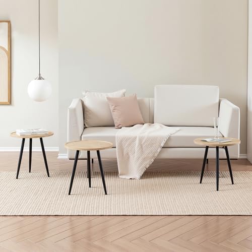 VECELO Modern Side Table, Round Small End Table, Exclusively Designed Hand-Crafted Small Nightstand, Solid Wood,Oak top with Black Metal Legsfor Bedrooms, Living Rooms, 2-Pack