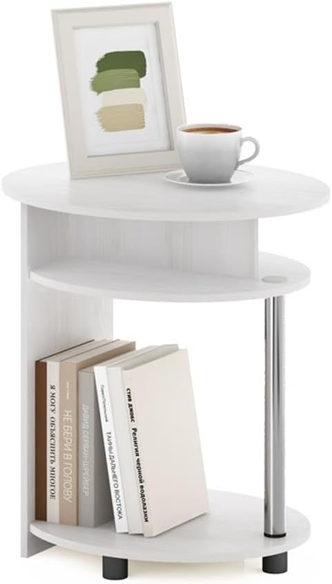 Pemberly Row Oval End Table, White Oak Finish, Composite Wood and Stainless Steel, 18.9 x 19.3 x 15.5 in, Built-in Shelves, Functional Design, Compact Nightstand for Bedroom or Hallway Use