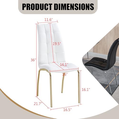 Faux Leather Dining Chairs - Set of 4, Modern White Dining Room Chairs with Gold Metal Legs and Ergonomic Backrest, Upholstered for Kitchen and Living Room