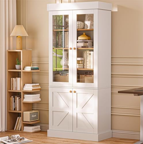 ivaniti 71" Tall Farmhouse Kitchen Pantry, Rustic Large Storage Cabinet with Glass Doors, Adjustable Shelves, Wood Versatile Hutch Cabinet for Dining Room, Living Room, White 2 Pcs