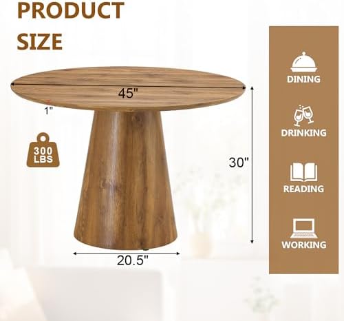 45" Round Dining Table, Round Pedestal Dining Table for 4 | One-Piece Round Tabletop, Wood Grain Finish, Stable Pedestal Base, Easy Assembly, for Kitchen Dining Room