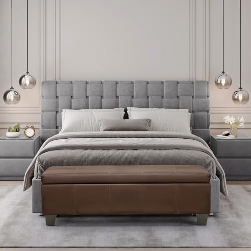 51 Inch Storage Ottoman, Storage Bench with Safety Hinge, Upholstered Synthetic Leather Ottoman Bench for Bedroom, Living Room, Entryway, Hallway, Foot Rest, Support 500lbs, Brown