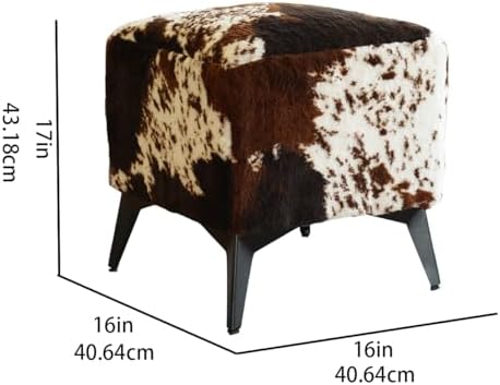 Tricolor Cow Print Ottoman, Faux Cowhide Footstool, Western Style | 16x16x17 Inch Cube Stool, Solid Metal Legs, Animal Print Ottoman, Farmhouse Decor for Living Room, Bedroom, Entryway