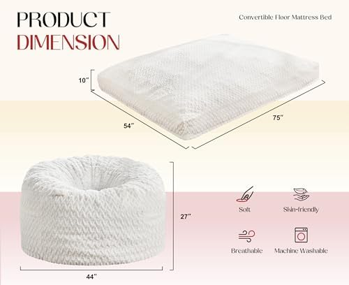 Hobestluk Bean Bag Chair Convertible 3 in 1 Beanbag Washable Giant Adult | Large,Memory Foam Filling,Plush Lounge,Bean Bag Bed ,Removable Cover,Living Room Bedroom Dorm,Sleeping ,Full,White