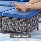 Outdoor Ottomans Patio Foot Rest - 2 Piece Wicker Rattan Ottoman Footrests Footstools with Comfortable Cushions for Patio Porch Deck Balcony Garden(Mixed Grey Wicker/Blue Cushion)