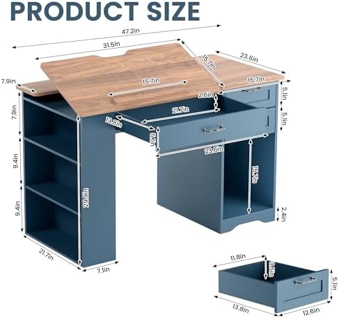 Drafting Table with Storage Cabinet & Drawers, Adjustable Drawing Desk with Open Shelves, Craft Table Painting Desk for Artists, Painters, Drawing, Crafting, Reading, Writing, Working (Blue)