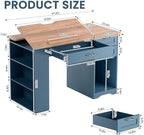 Drafting Table with Storage Cabinet & Drawers, Adjustable Drawing Desk with Open Shelves, Craft Table Painting Desk for Artists, Painters, Drawing, Crafting, Reading, Writing, Working (Blue)