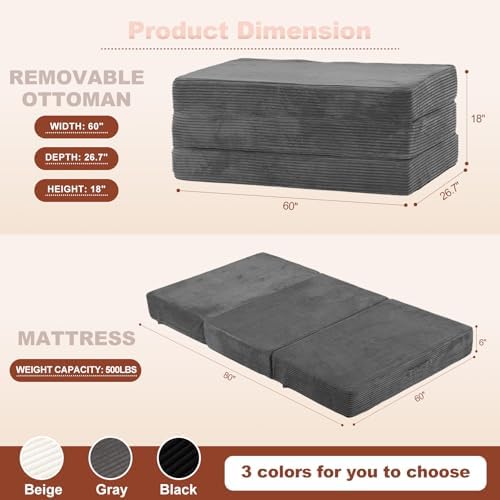 6-Inch Tri-Fold Foldable Mattress, Folding Sofa Bed with Removable Washable Cover, Portable Futon Mattress Full Size Floor Guest Mat with Non-Slip Bottom & Carry Handles for Camping (Grey, Queen)