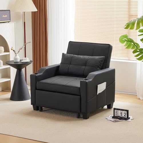 VINGLI Convertible Sleeper Chair Bed, Pull Out Sofa Couch for Living Room | Black 3-in-1 Sofa Bed, Faux Leather Recliner with Adjustable Back, USB Port, Cup Holder, Side Pocket for Small Space, Office