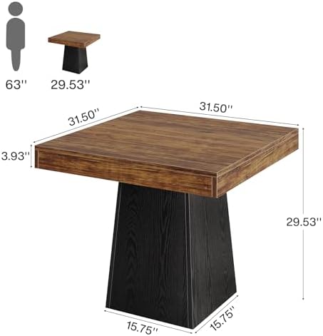 Tribesigns Square Dining Table for 4, 31.5" Farmhouse Small Kitchen Table | Wooden Dinner Table with 3.93" Thick Top & Sturdy Pedestal, Fits for Dining Room, Small Space, Apartment, Dark Brown & Black