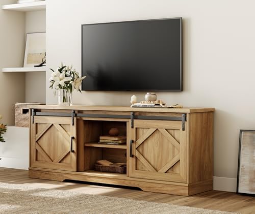 WAMPAT Farmhouse Style TV Stand for 60-75 inch TV w/Distressed Wood Finish | 66.1"L*15.4D"*25.6"H, TV Cabinet with Cable Management,Sliding Barn Door,Adjustable Media Shelf,Hidden Storage Space