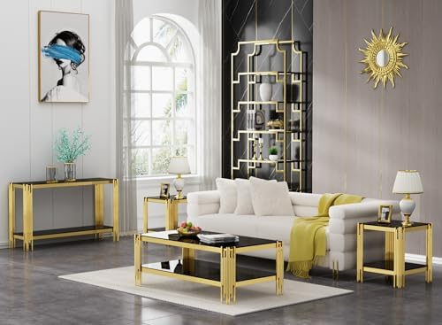 20” Square Glass End Table, 2-Tier Side Table with Black Tempered Glass Top Golden Mirrored Stainless Steel Legs, Modern Luxury Nightstand Bedside Table with Lower Shelf for Living Room