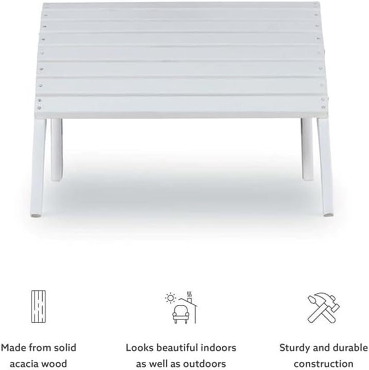 Outdoor Ottoman, Solid Wood and Acacia, White Finish, 21.6" W x 21.06" D x 13.7" H, Sturdy Transitional Patio Footrest, Ideal for Adirondack Chair or Outdoor Furniture Use